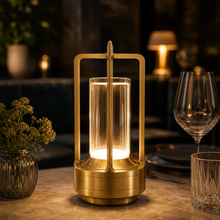 Gouden draadloze LED tafellamp op een horecatafel