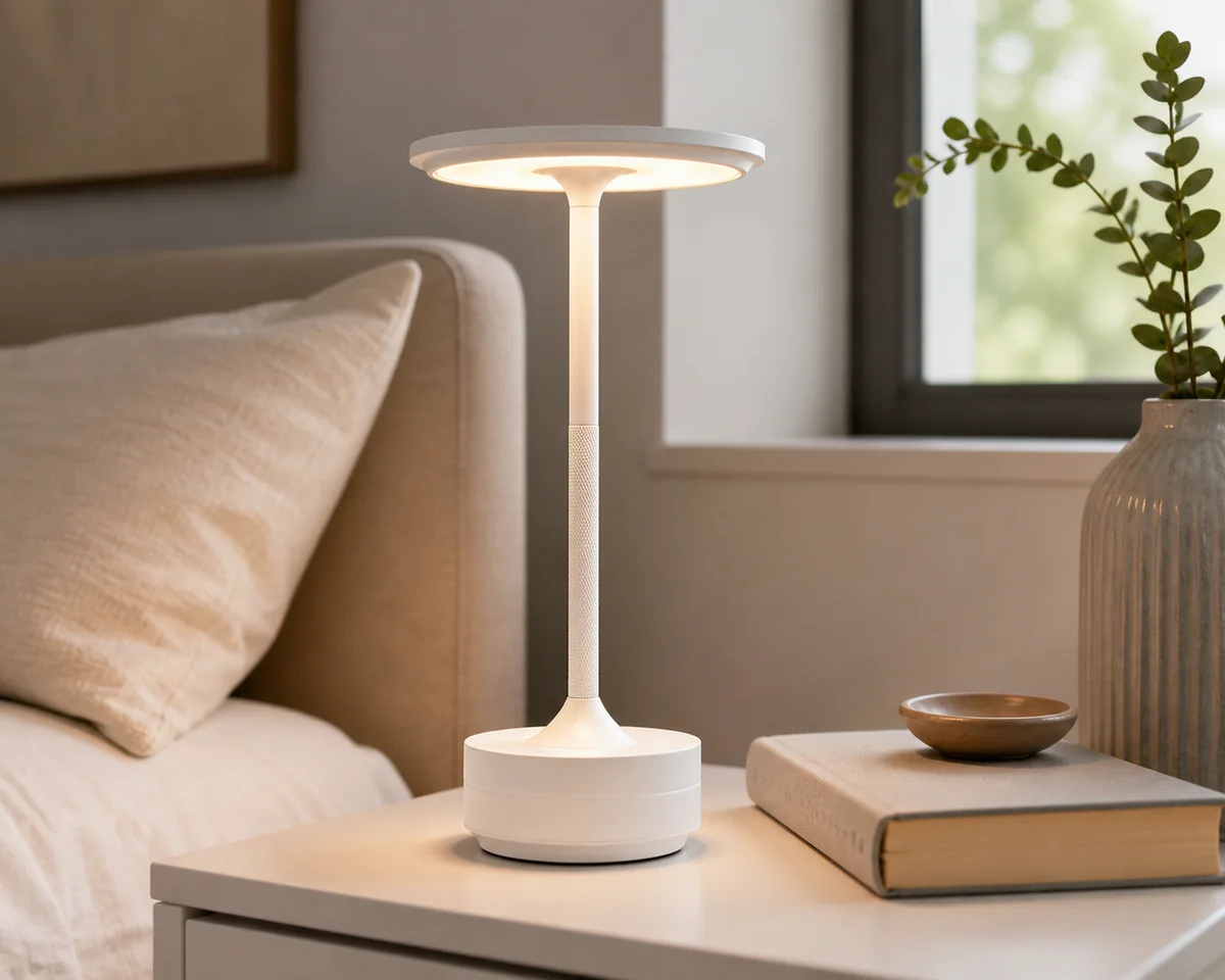 Witte draadloze LED tafellamp als sfeerverlichting naast een bed